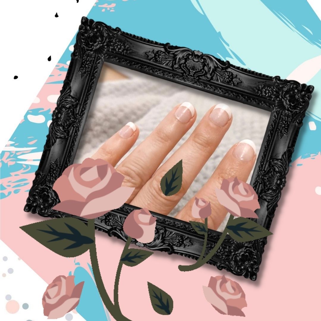 Manicured hands with FLOSSe Fenchie french manicure nail wraps with white tips and clear base.