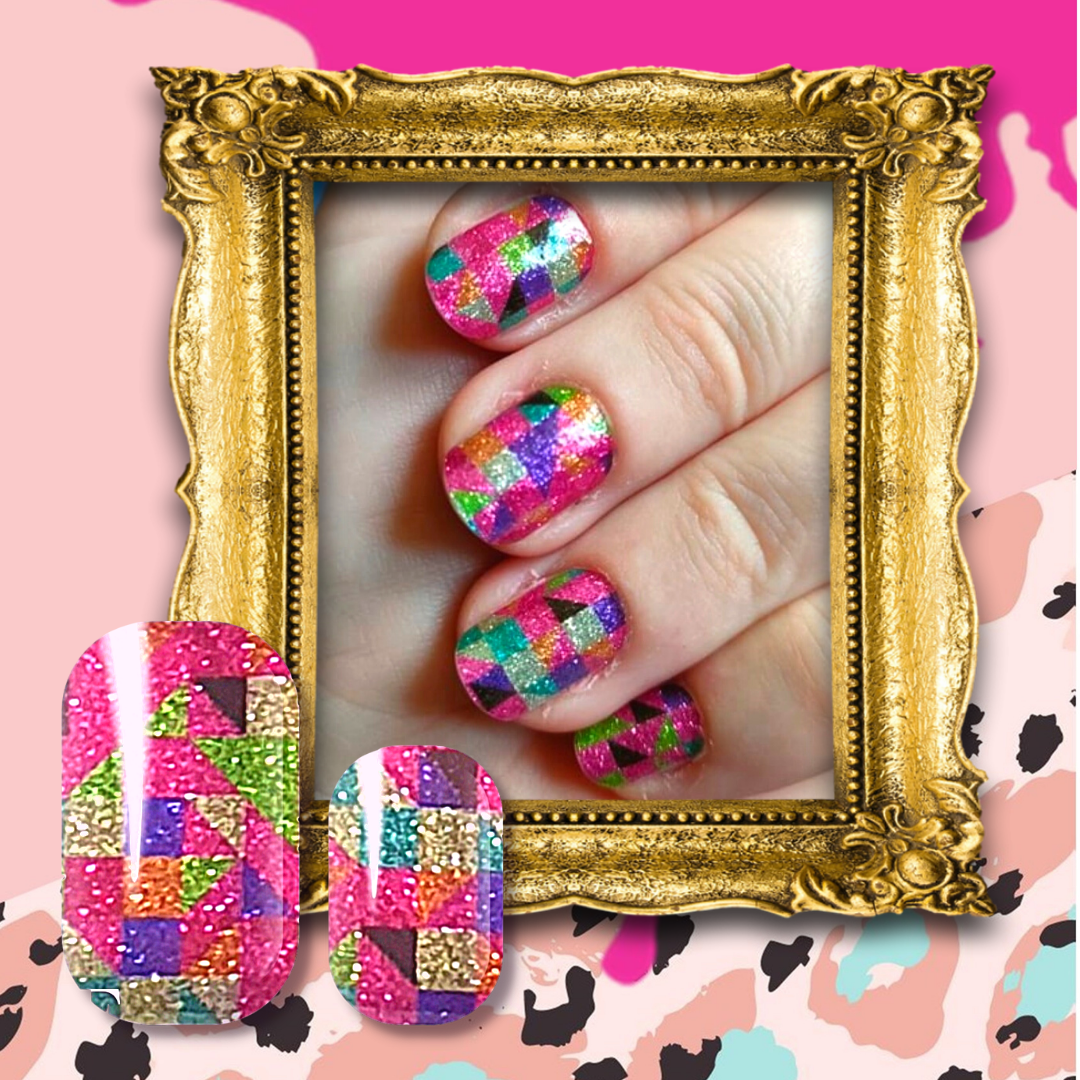 Manicured nails with brightly coloured patterned FLOSSe nail wraps.