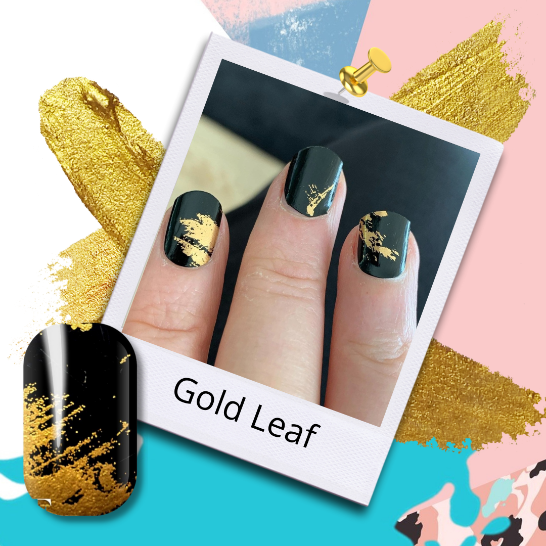Dark manicured nails with FLOSSe Gold Leaf black and gold nail wraps