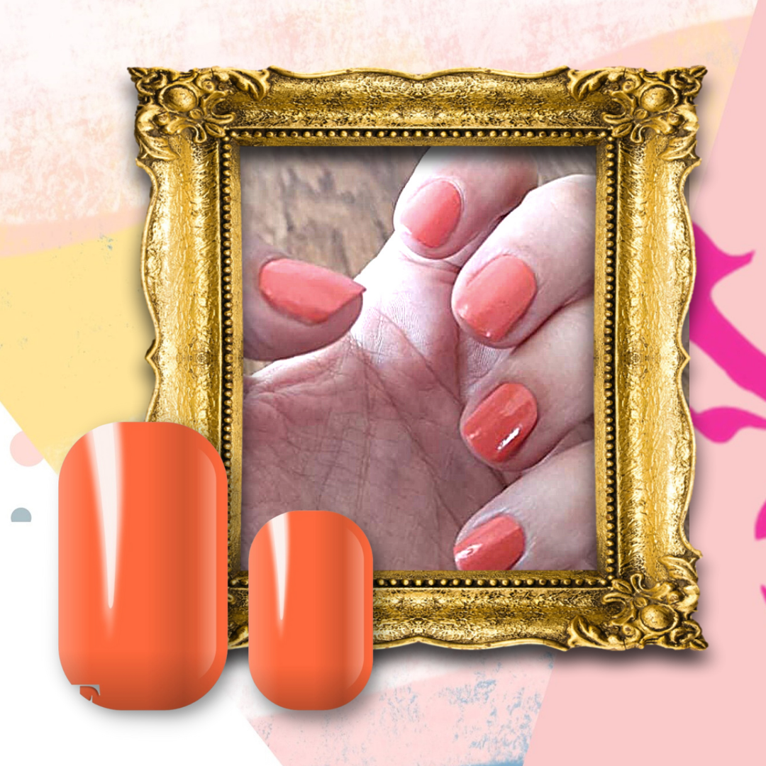 Manicure nails with bright Mango coloured flosse nail wraps