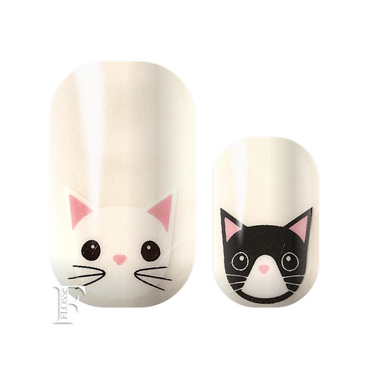 Fun black and white kitty cat prints on transparent nail wraps. NZ nail wraps for kids or adults. 