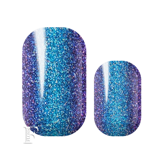Flossé nail wrap stickers featuring vertical ombré of vivid blues and purples. Shimmering pearl finish. New Zealand nail wraps. 