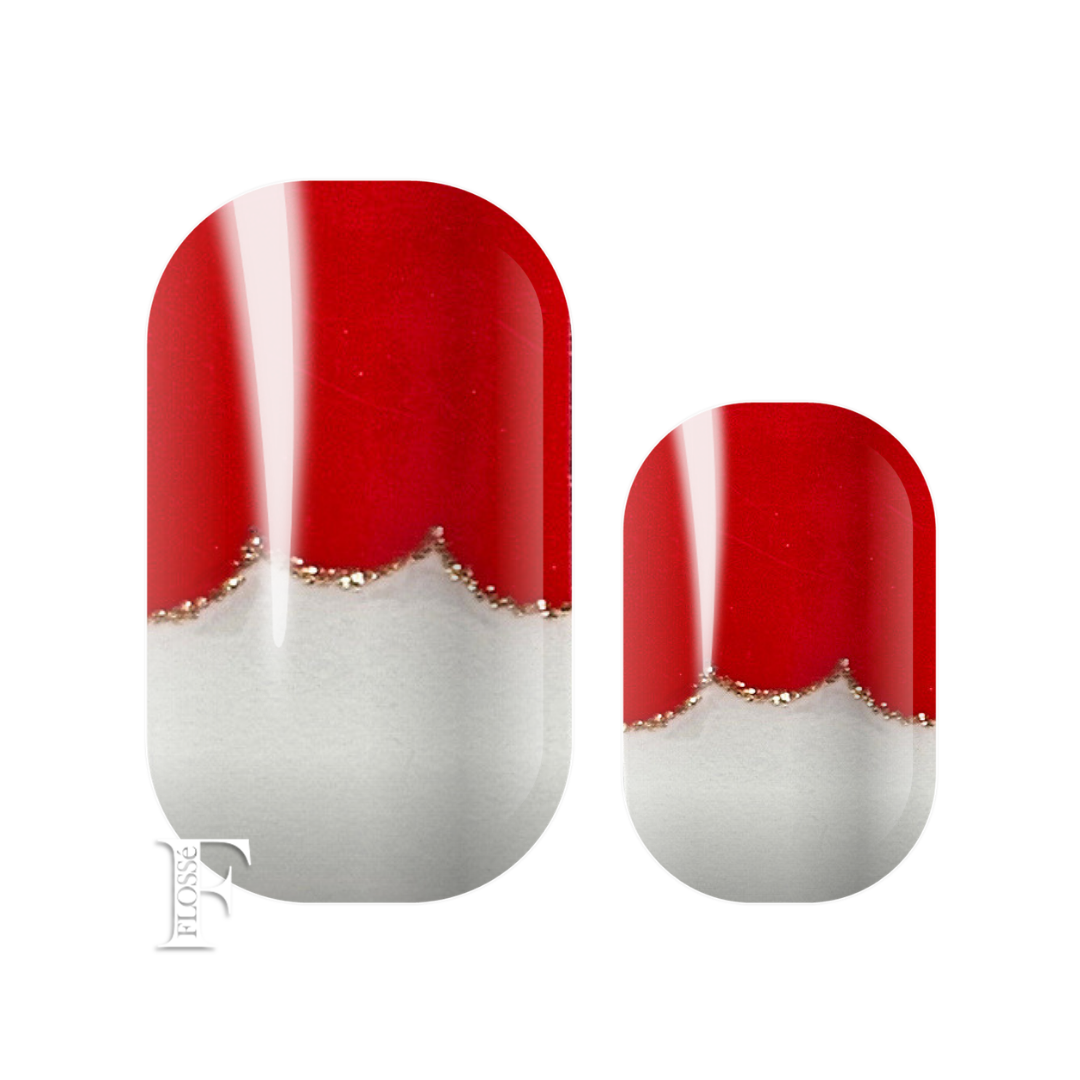 Red fluted French manicure nail wrap set with gold glitter edging. Clear nail wrap base. New Zealand's nail wrap stickers. 