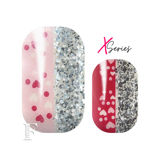 Flossé x series wide nail wraps in Minnie. Fun set with each nail halved vertically. Half pinks with cute hearts and half silver sequin glitter. 