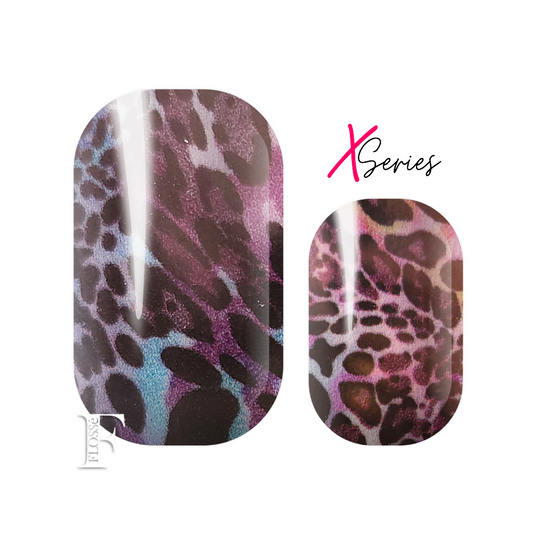 FLOSSé x series wider nail wraps in safari.  Multicoloured rainbow wraps good with a black leopard print. 
