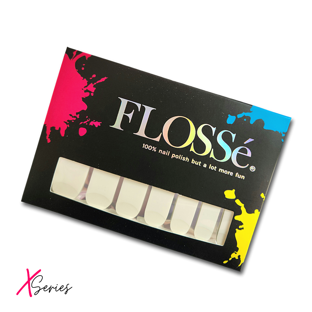 FLOSSé x series wide nail wraps in French manicure. Full set of 14 wraps in outer pack. 