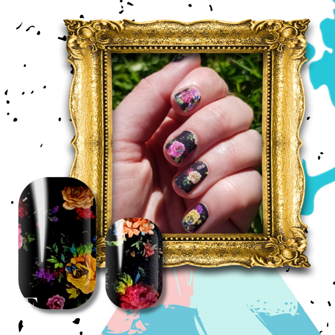 manicured nails with black beauty nail wraps. Black base with multicoloured roses and flowers. Floral nail wraps.