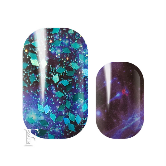 FLOSSé Deception nail wraps,  deep blues with alternating  feature nails with diamond shaped teal sequins.