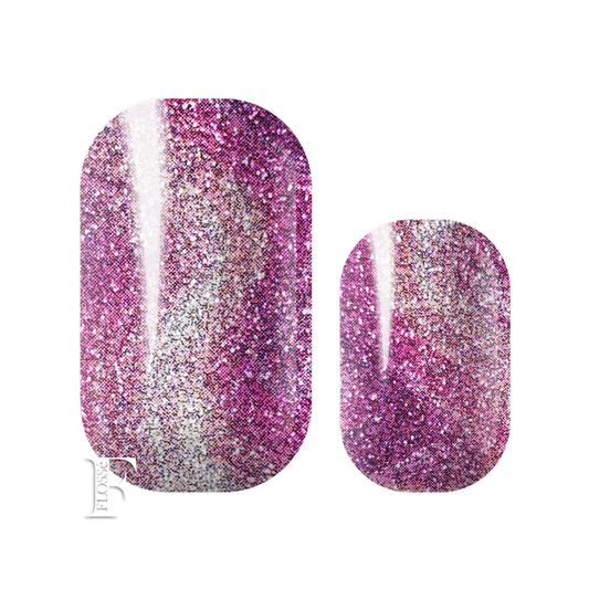 Flossé nail wraps featuring swirls of pearly white, silver, and purple glitter. New Zealand nail wraps. 