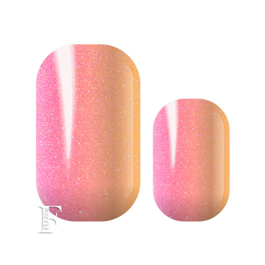 Flossé sunset nail wraps. Yellow and pink vertical ombre with pearl finish. 