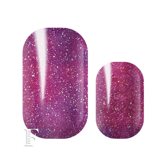 Flossé nail wraps violet crush. Lusturous violets, purples, and pinks. Pearl glitter finish. FLOSSé nail wrap stickers nz.