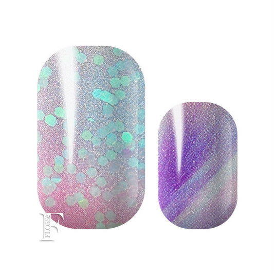 Flossé very fairy nail wraps. Mixed set with soft pinks, blues and purples with sequins and pearl shimmer finish 