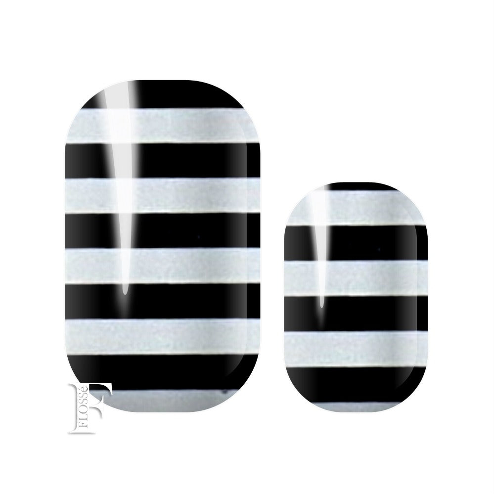 Professional looking black and white stripe nail wraps. Long lasting instant nail polish