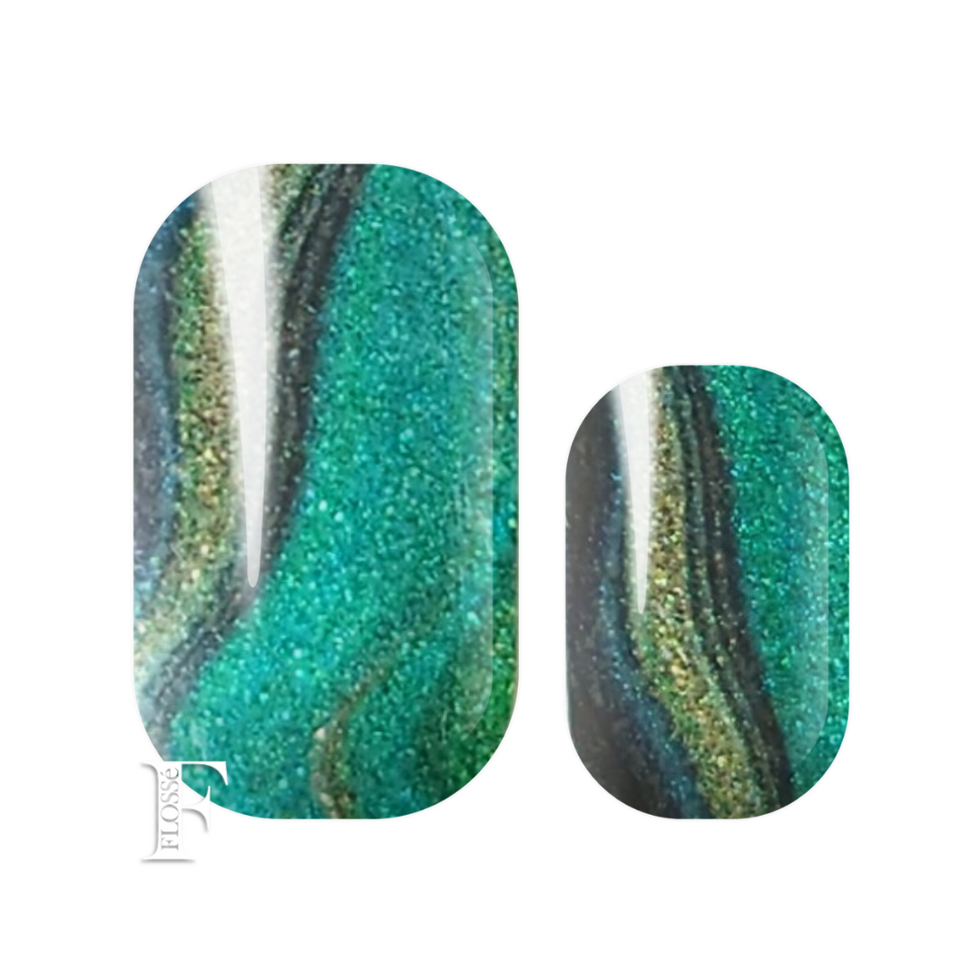 Sparkling pearl shimmer FLOSSé nail wraps. Swirls of rich greens gold and black. 