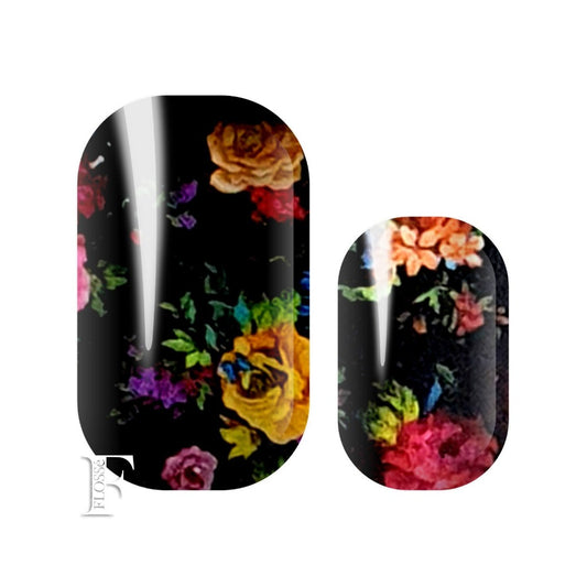 Nail wraps with bold coloured roses on a rich black back ground. Long lasting instant nail wraps