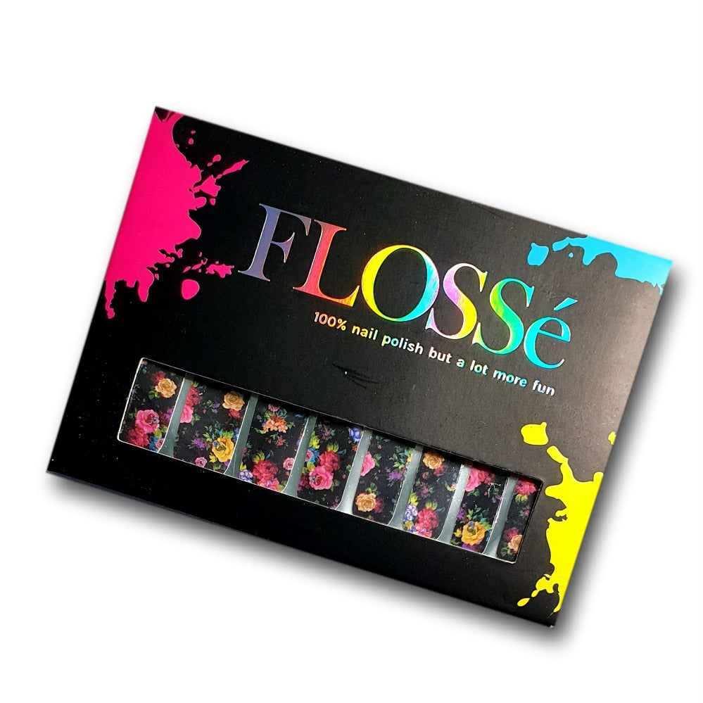Bold coloured roses on black backed nail wraps shown in FLOSSé boxed packaging. Long lasting instant nail wraps