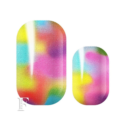 Nail wraps with bright multi coloured blotches.