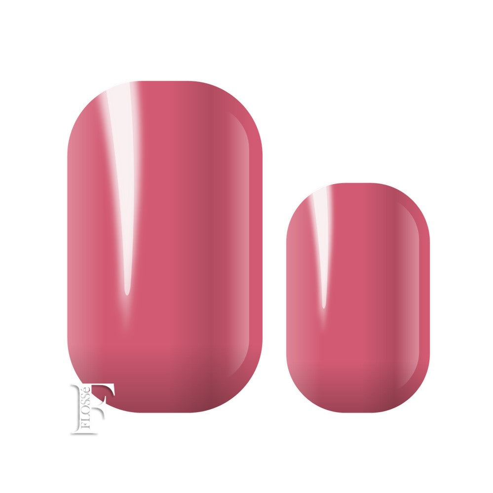 Deep pink block colour with gloss finish. FLOSSé dark petal nail wrap stickers. 