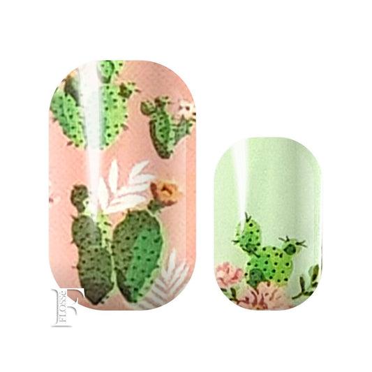 gorgeous flowering cacti on pink and mint base nail wraps