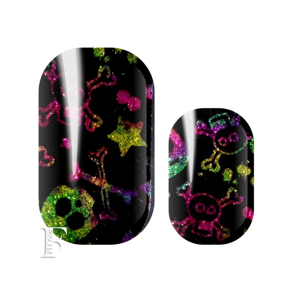 Super fun Caribbean curse black glitter based nail wraps with multicoloured skulls and crossbones 