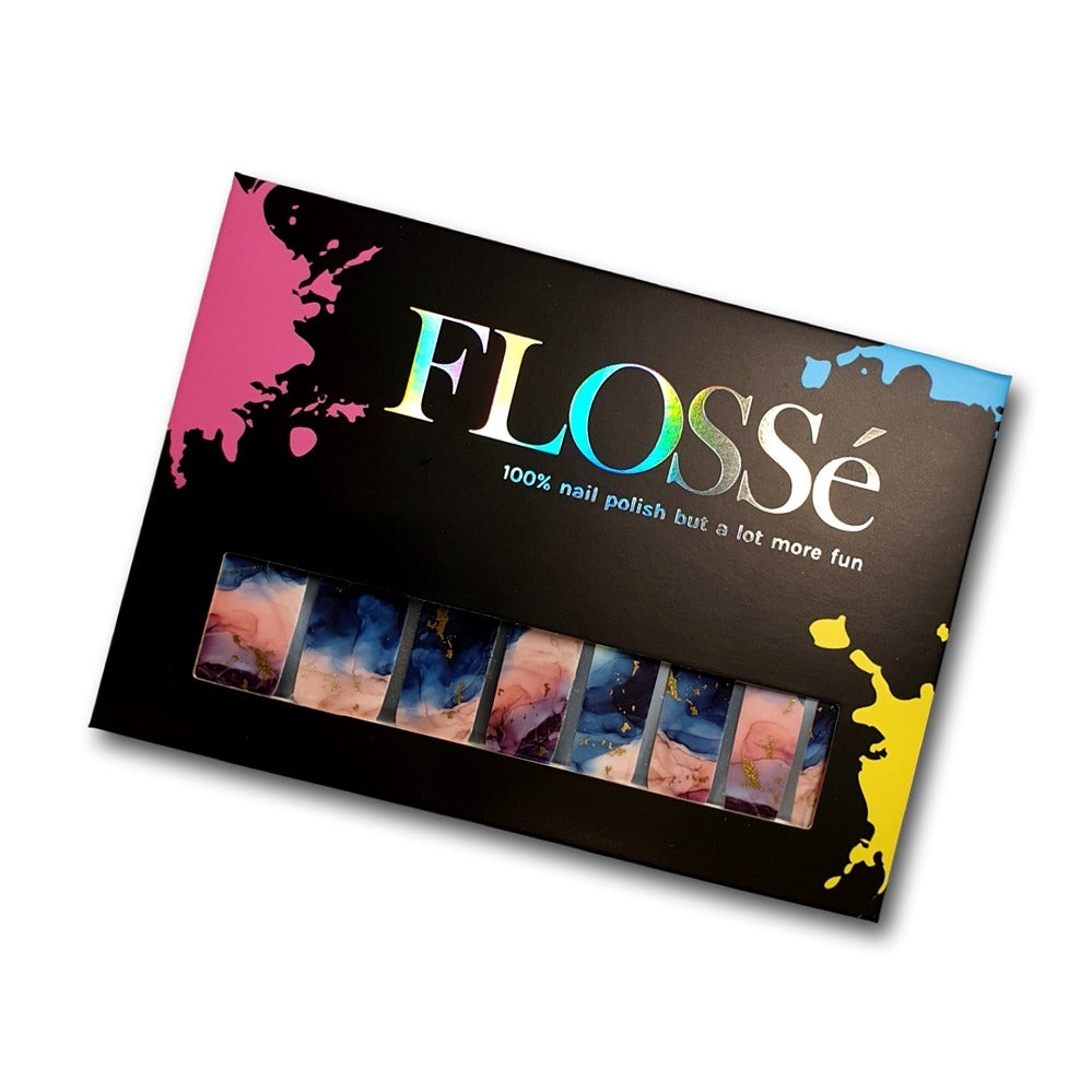 Golden Monet nail wraps in FLOSSe packaging.