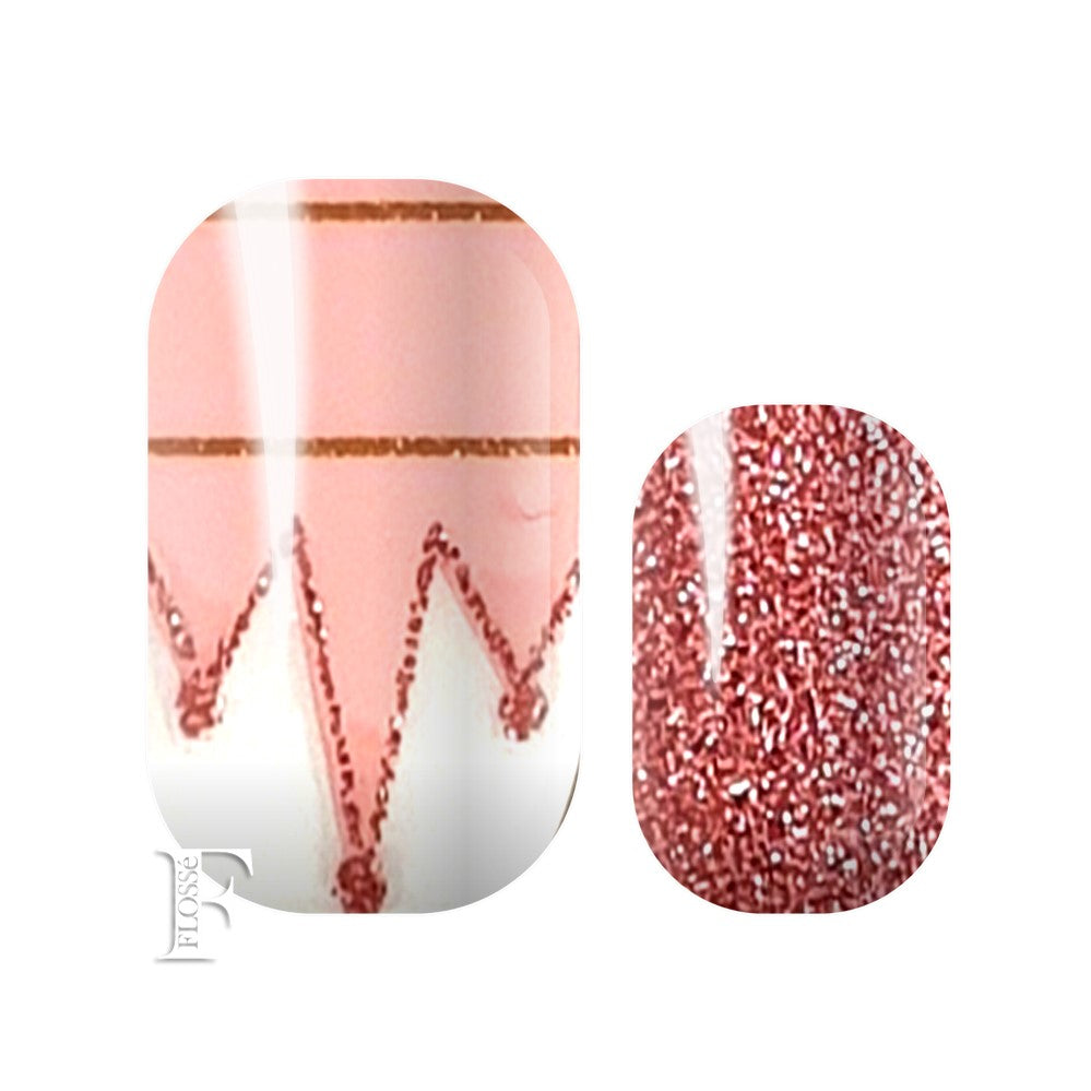 Pink and white with accent details of pink glitter. Fun mixed pattern like a jesters hat, lines and swirls. Jesters charm FLOSSé nail wraps.