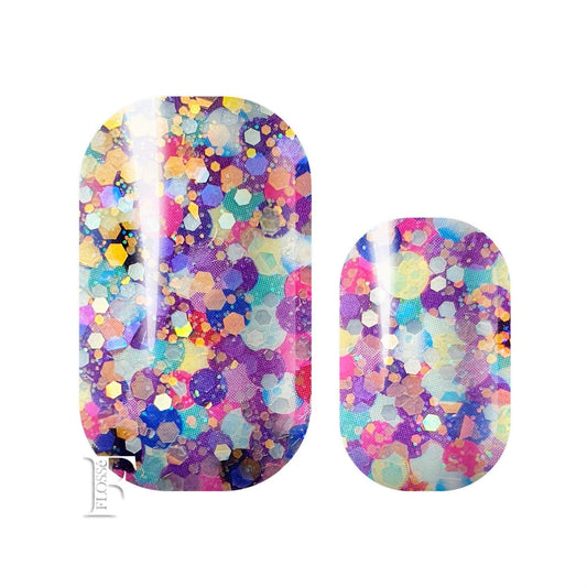 Multi coloured mosaic style nail wraps with pinks, purple, and blues. Topped with rose gold glitter and sequins.