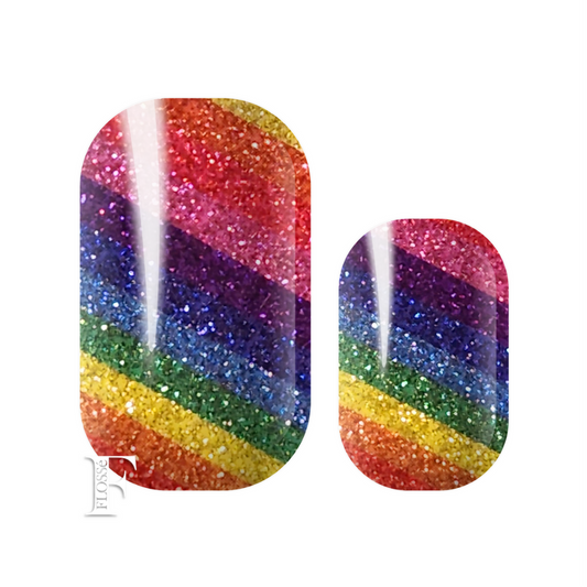 Brightly coloured rainbow glitter flossebnail wraps. 