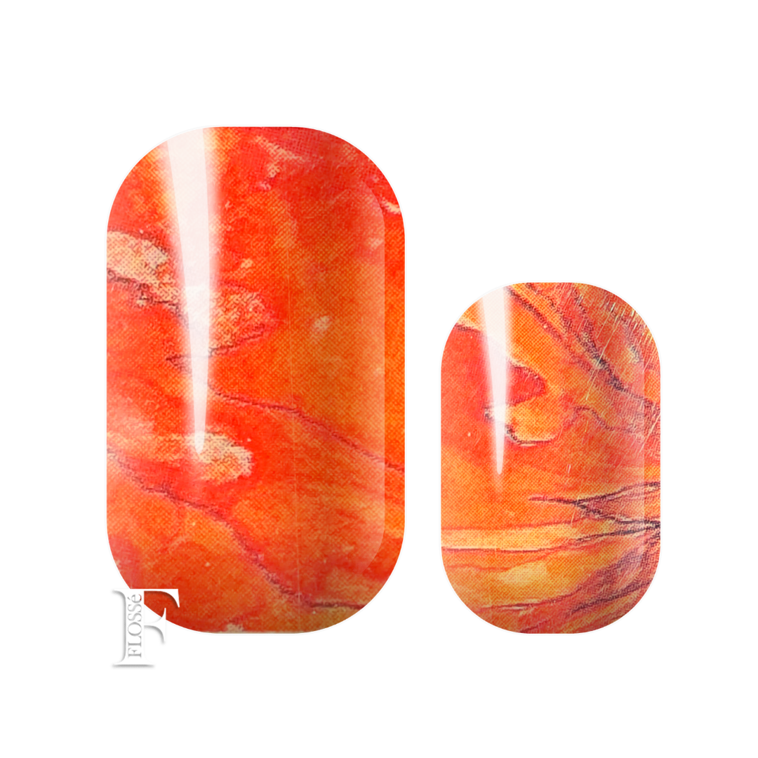 Bright orange marbled FLOSSé nail wraps. Swirls of mixed orange colours. FLOSSé nail wraps.