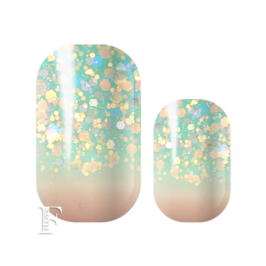 soft pastel mint and pink ombre topped with opalescent sequins and glitter. FLOSSé mint pixie nail  wrap nail stickers NZ.