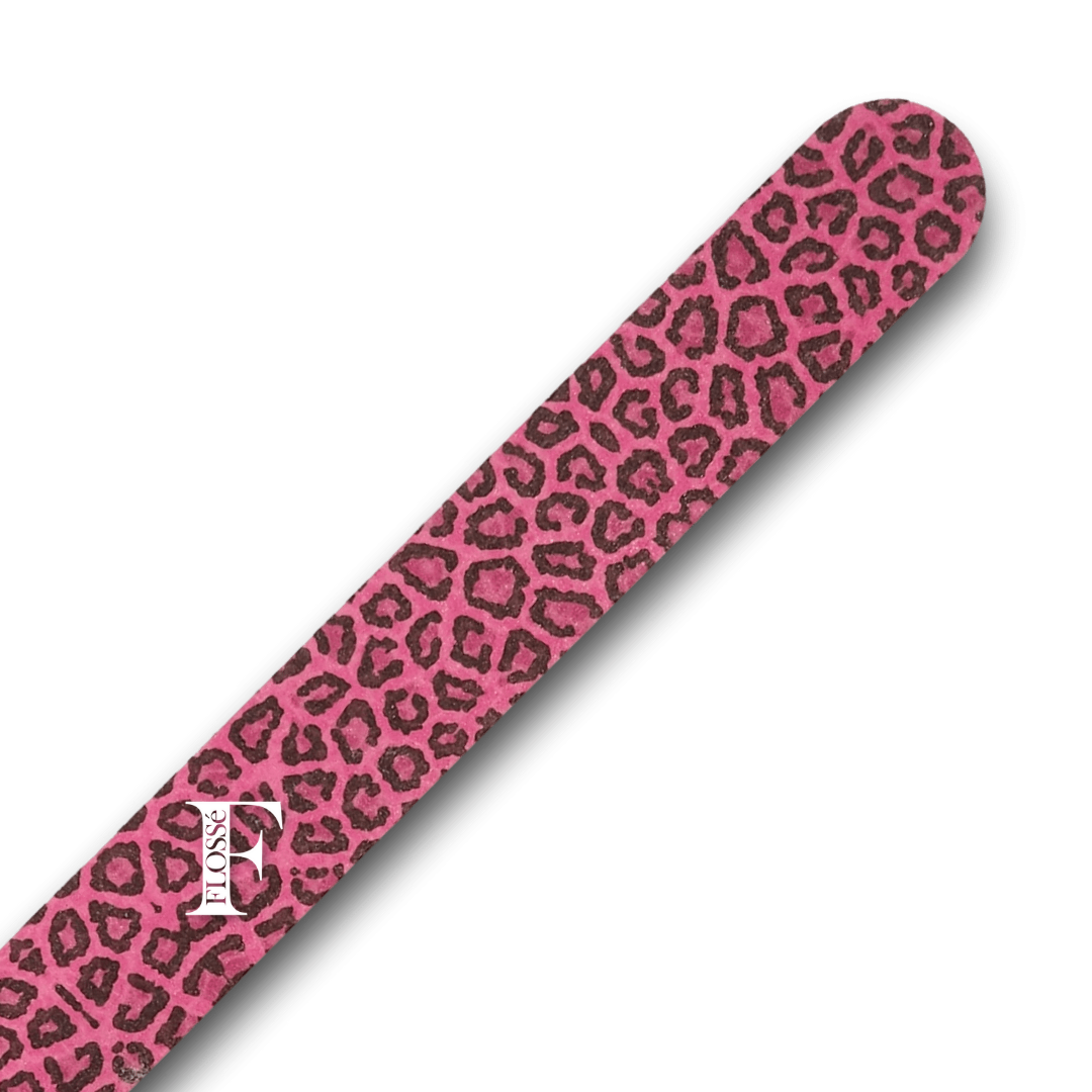 Eva foam double sided nail file with pink leopard print. FLOSSé New Zealand