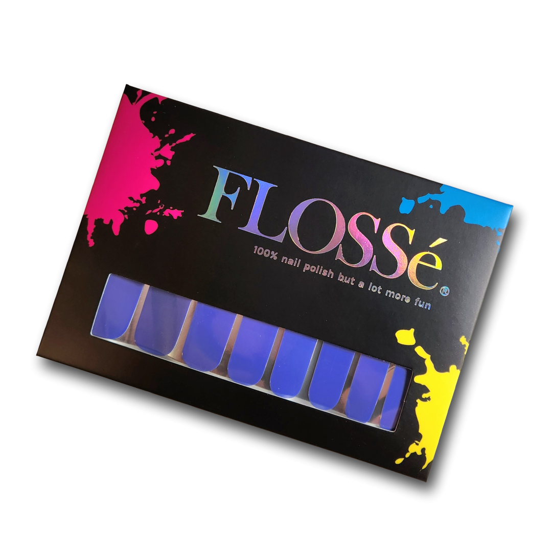 Set of 16 Very Peri flosse nail wraps in packaging