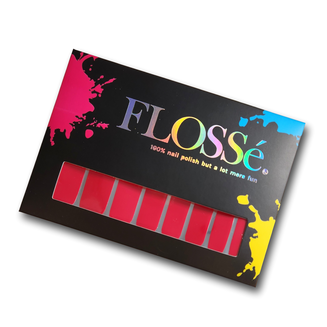 Full set of crimson red nail wraps in Flossé packaging. 