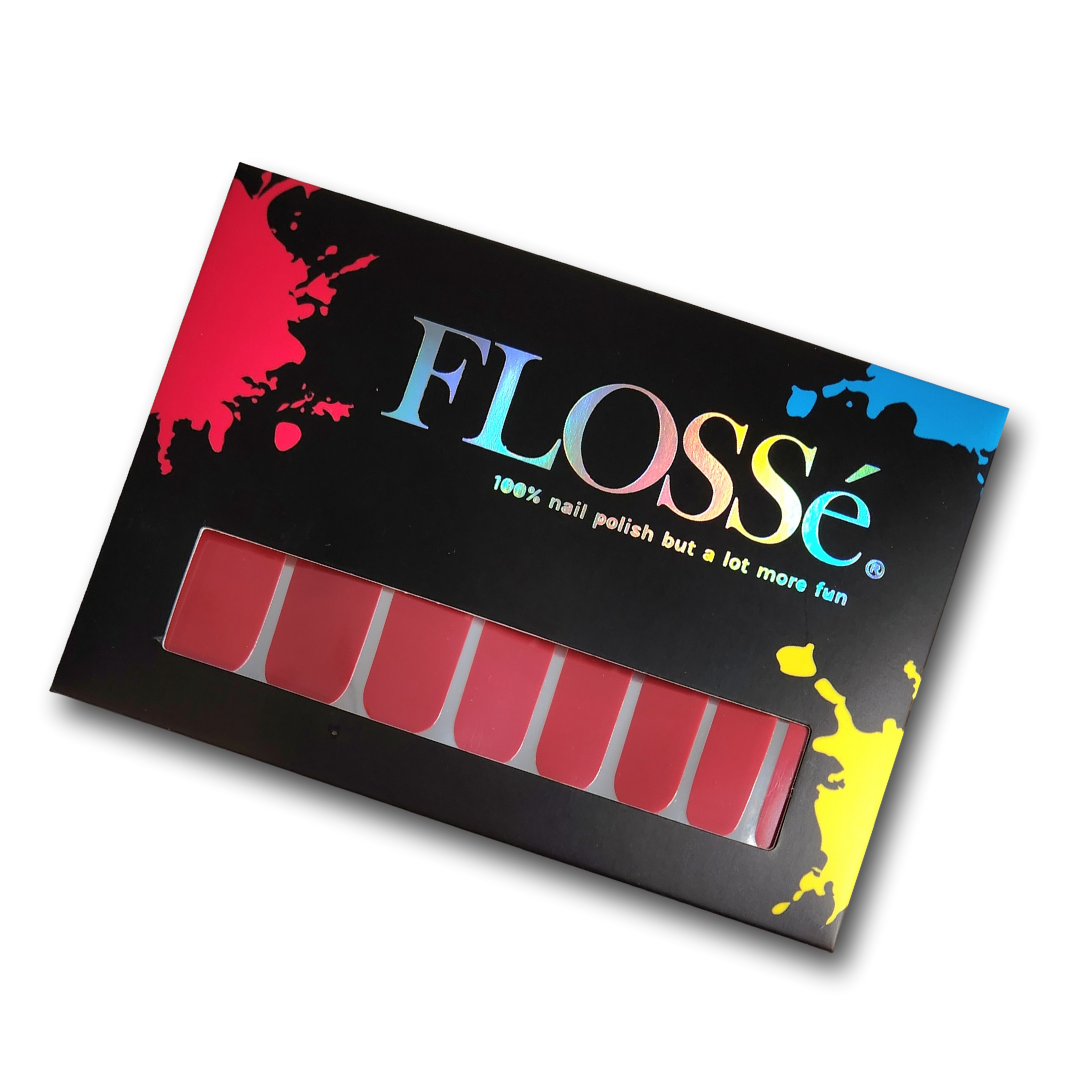 Flossé bombshell deep red nail wraps, set of 16 in flossé packaging