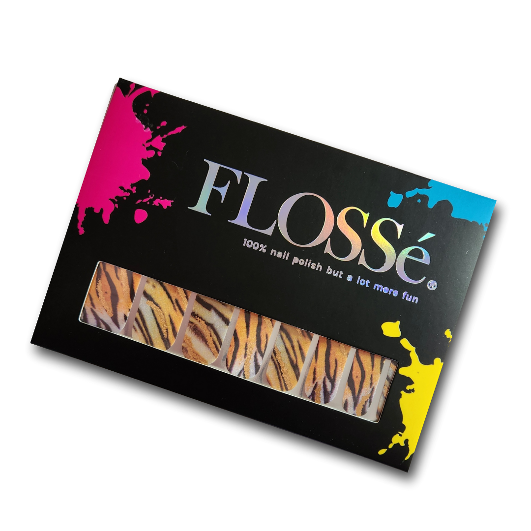 Full set of 16 FLOSSé Rawr tiger print nail wraps with gold foil accents. 