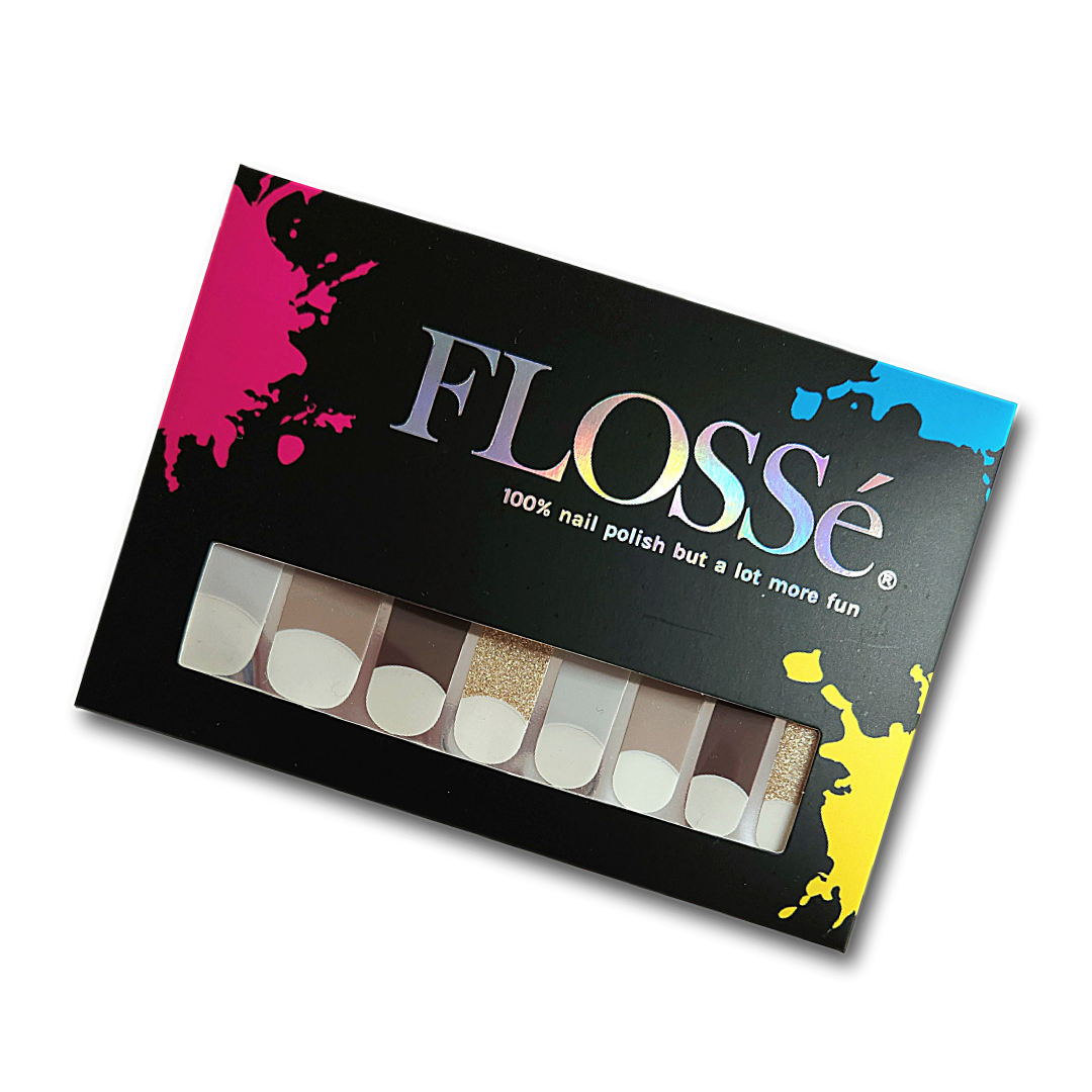 Fill set of FLOSSé Neutral Glitz nail wraps on card packet