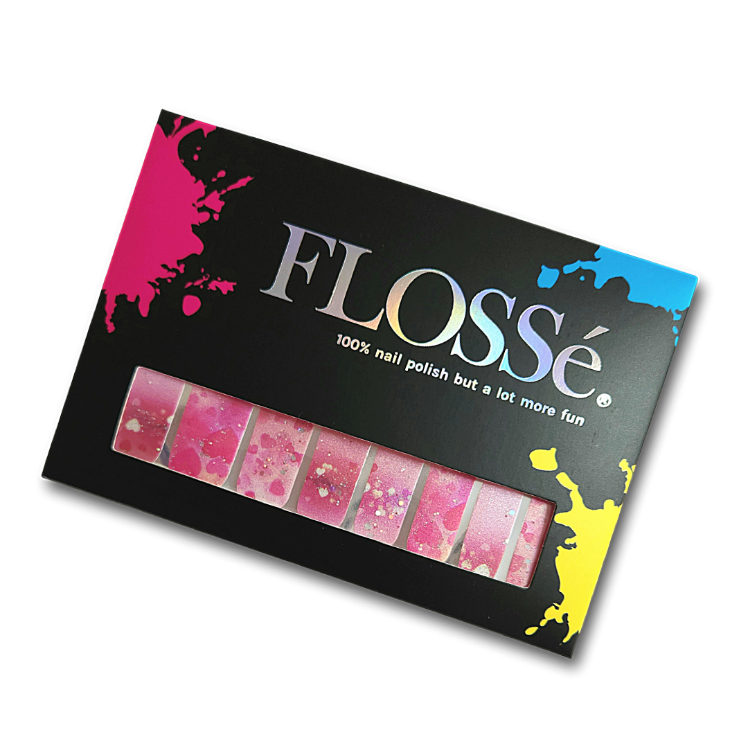 Set of 16 FLOSSé Amoré nail wraps in foil and outer packaging. 