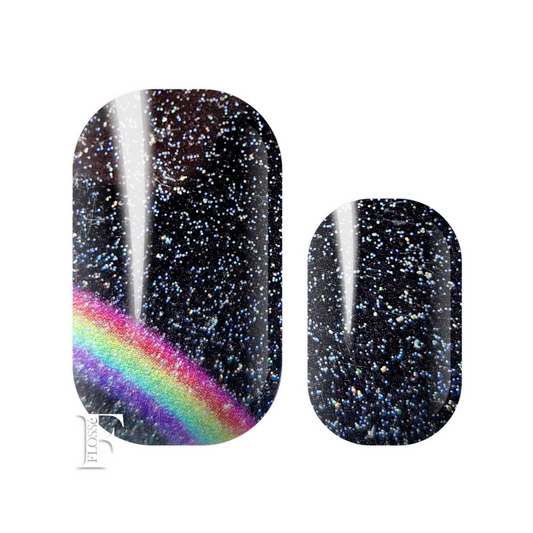Luxe black glitter nail wraps with a holographic sparkle,  finished with a bright rainbow pattern. 