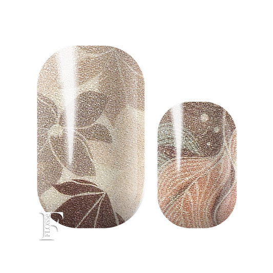 Stunning neutral beige pastel colours in soft leaf patterns. FLOSSé nail wraps new zealand