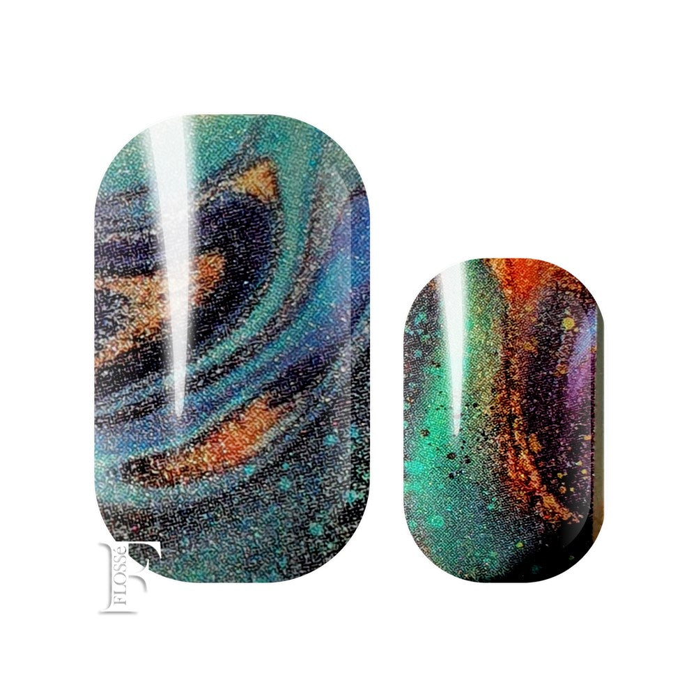 FLOSSé Green Patina nail wraps swirled colours of green, blue, copper and black. Soft pearl finish.