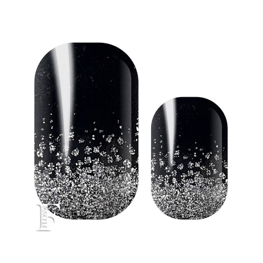 Gloss black nail wraps with silver glitter ombre from nail bed.