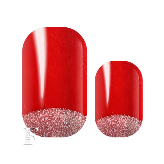 Luxe red block colour nail wraps with pink glitter accents at nail base