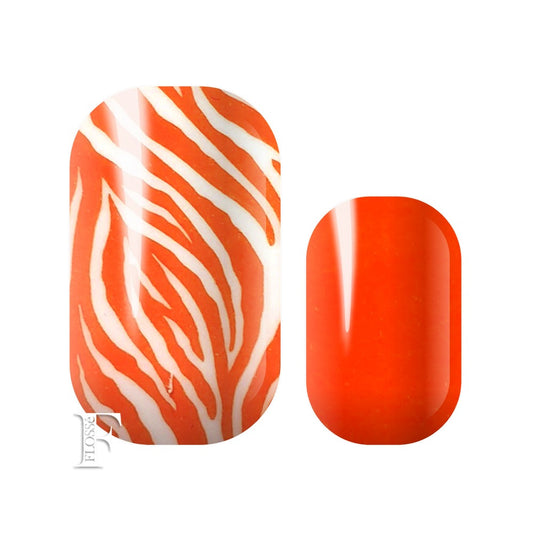 Mixed orange pattern nail wraps. Zebra pattern in orange on white and block orange nail wraps.