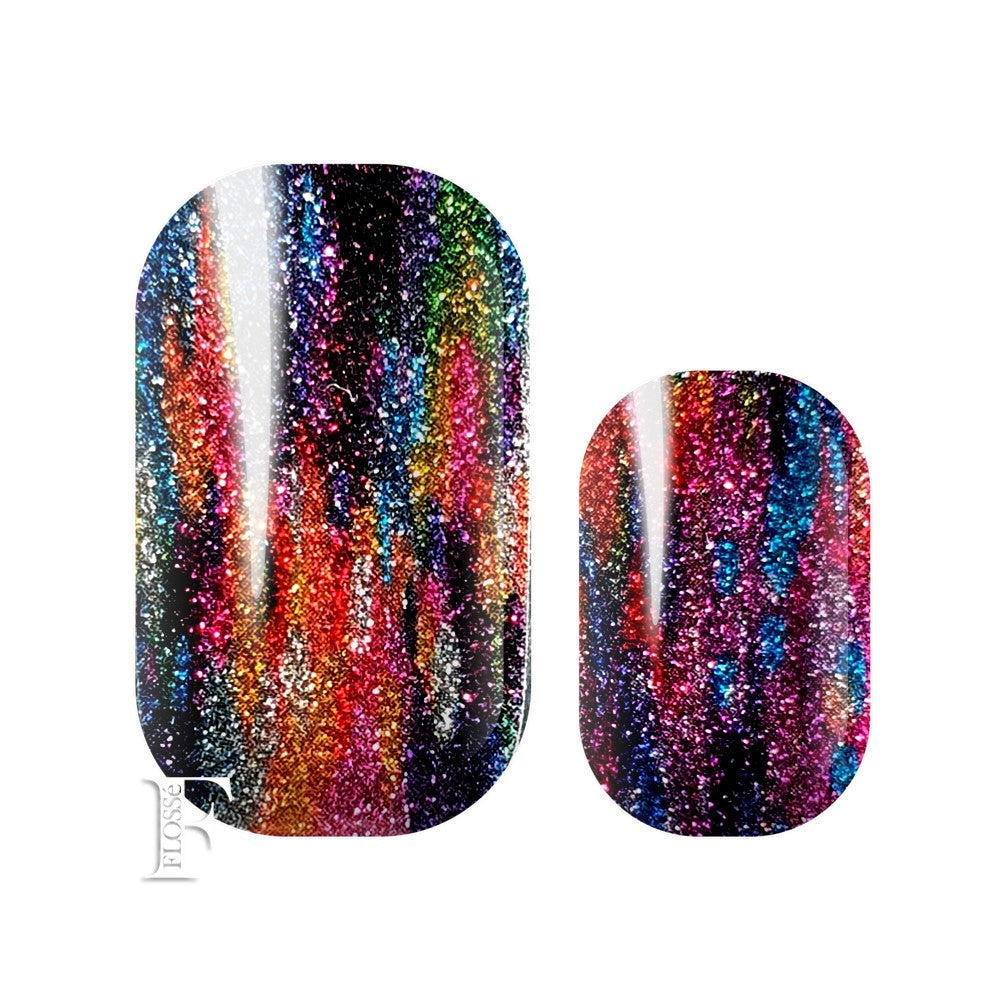 Bright multi coloured glitter FLOSSé nail wraps with sparkling pearl gloss finish. Nail stickers perfect summer manicure.