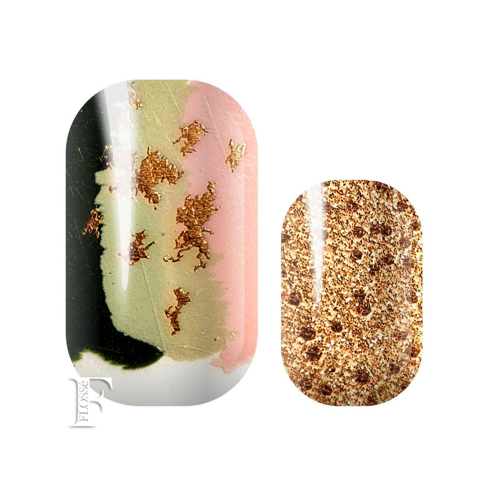 Garden blush FLOSSé nail wraps. Hunter green, light moss, pink blush and gold. A fun mixed set with gold accents. Glitter gloss finish