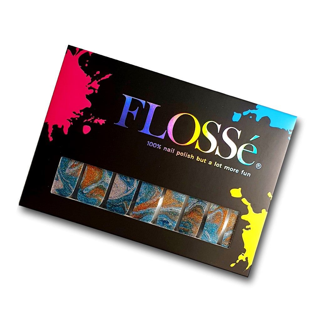 Full set of 16 FLOSSé nail wraps mint & mustard in outer packaging.