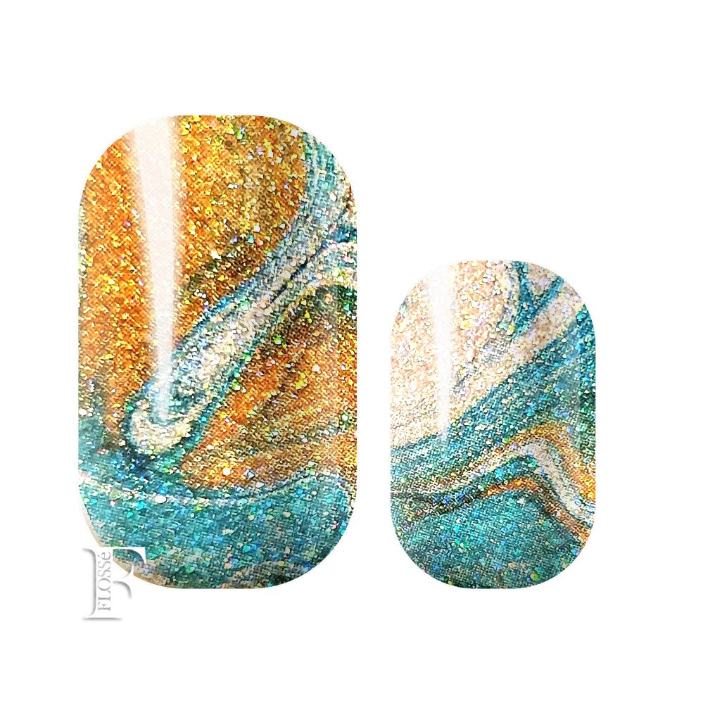 FLOSSé glitter wraps, a mixed set of mustard gold and minty teal green marbled together with accents of silver.