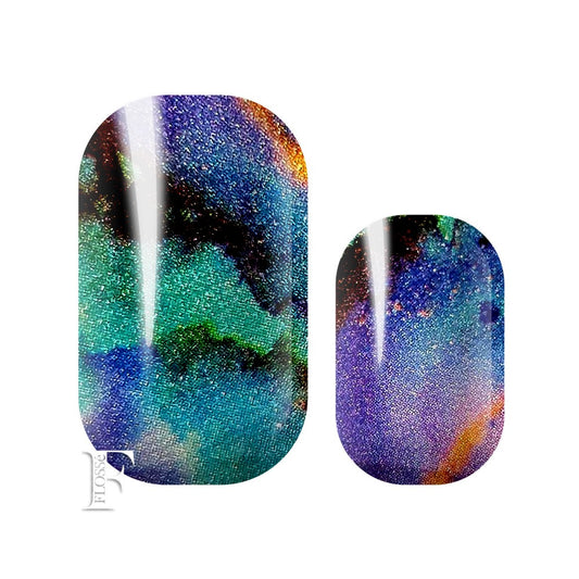 Multi coloured marbled nail wraps with blues, greens, purple  with a pearl glitter finish.
