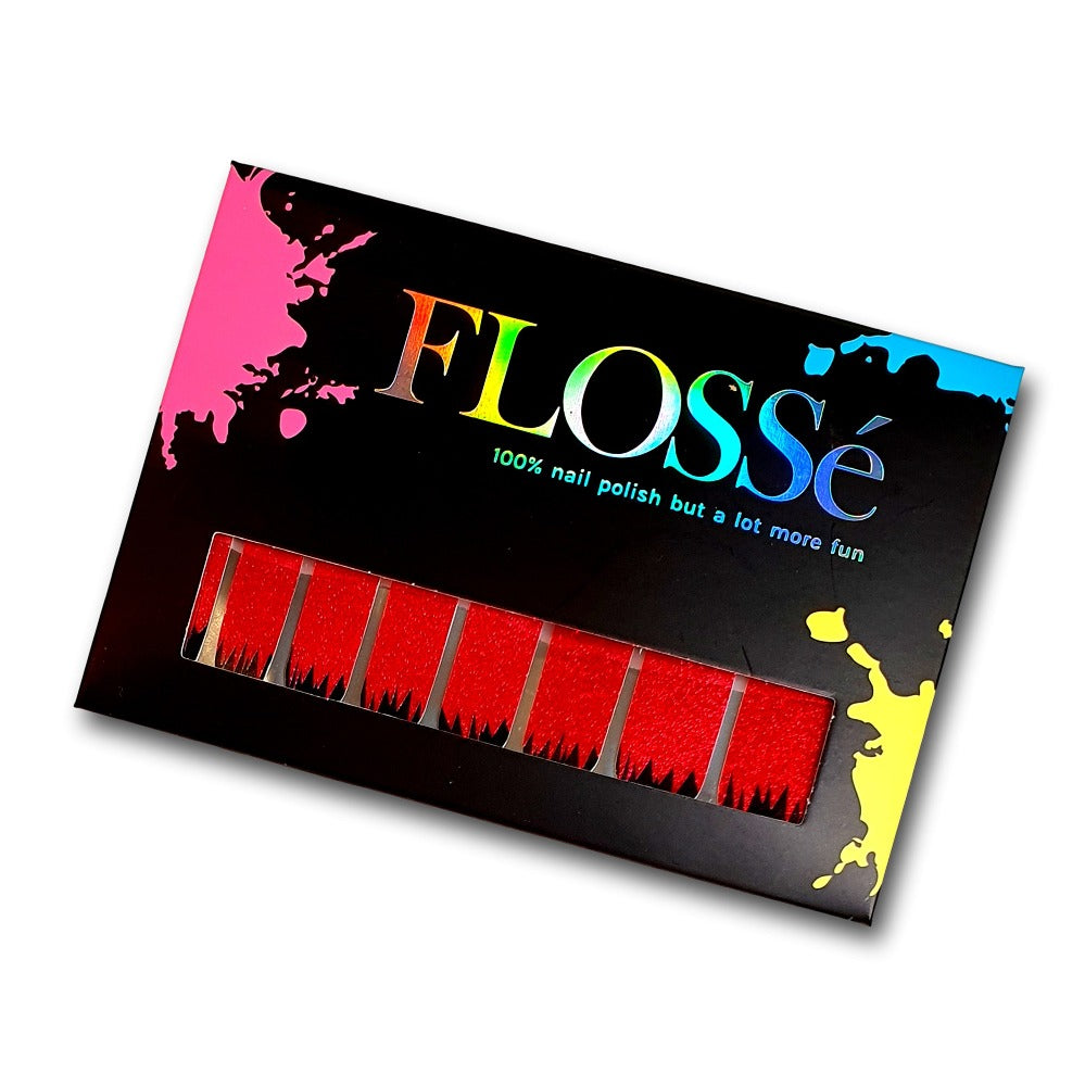 Lava red glitter nail wraps in FLOSSe packaging. 