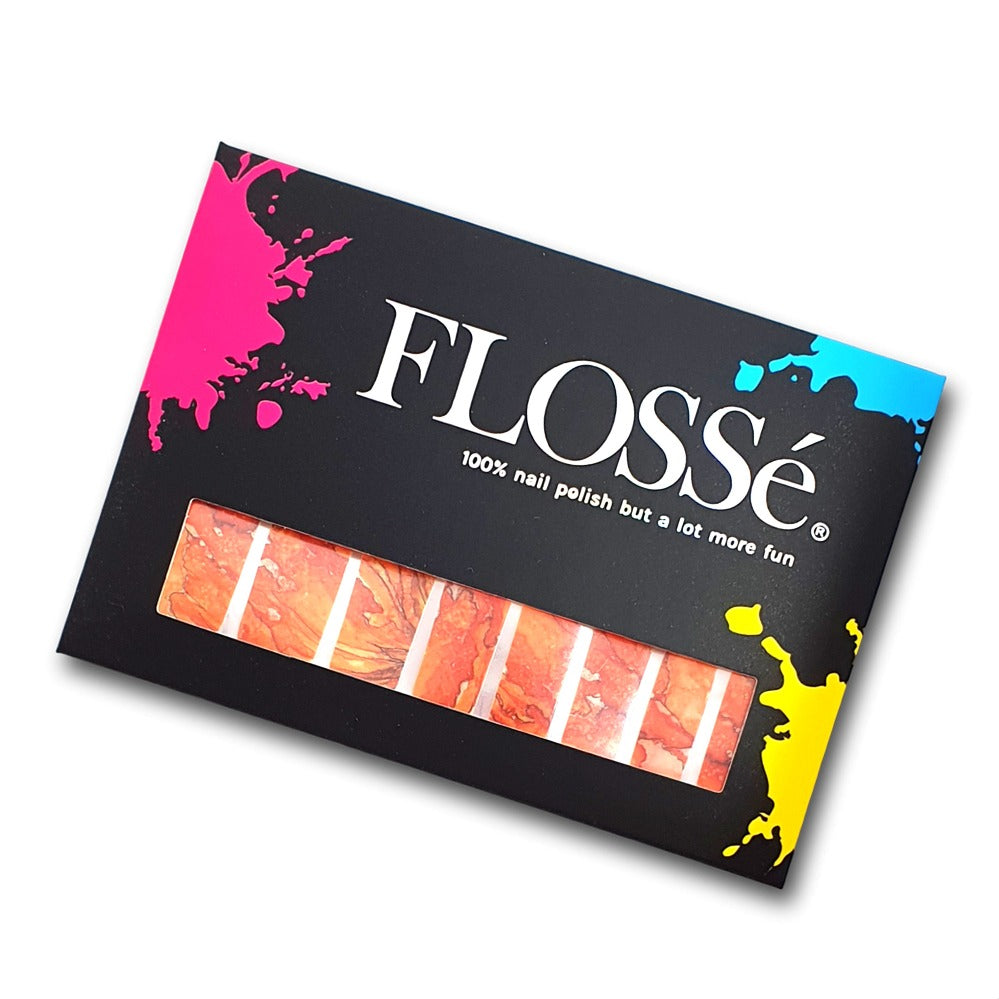 Full set of 16 FLOSSé Flame orange nail wraps in outer packaging.